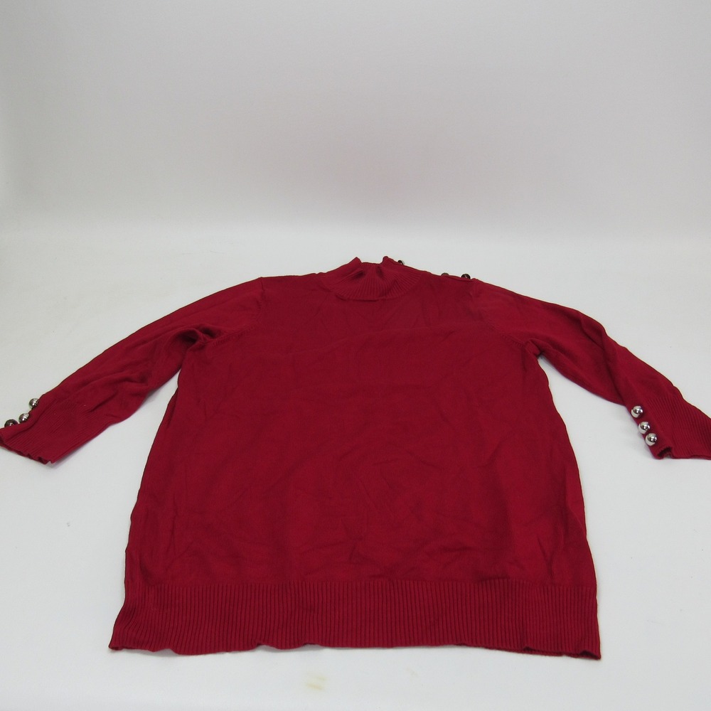 Susan Graver Womens Mock Neck Long Sleeve Knit Top with Button Detail Med Red